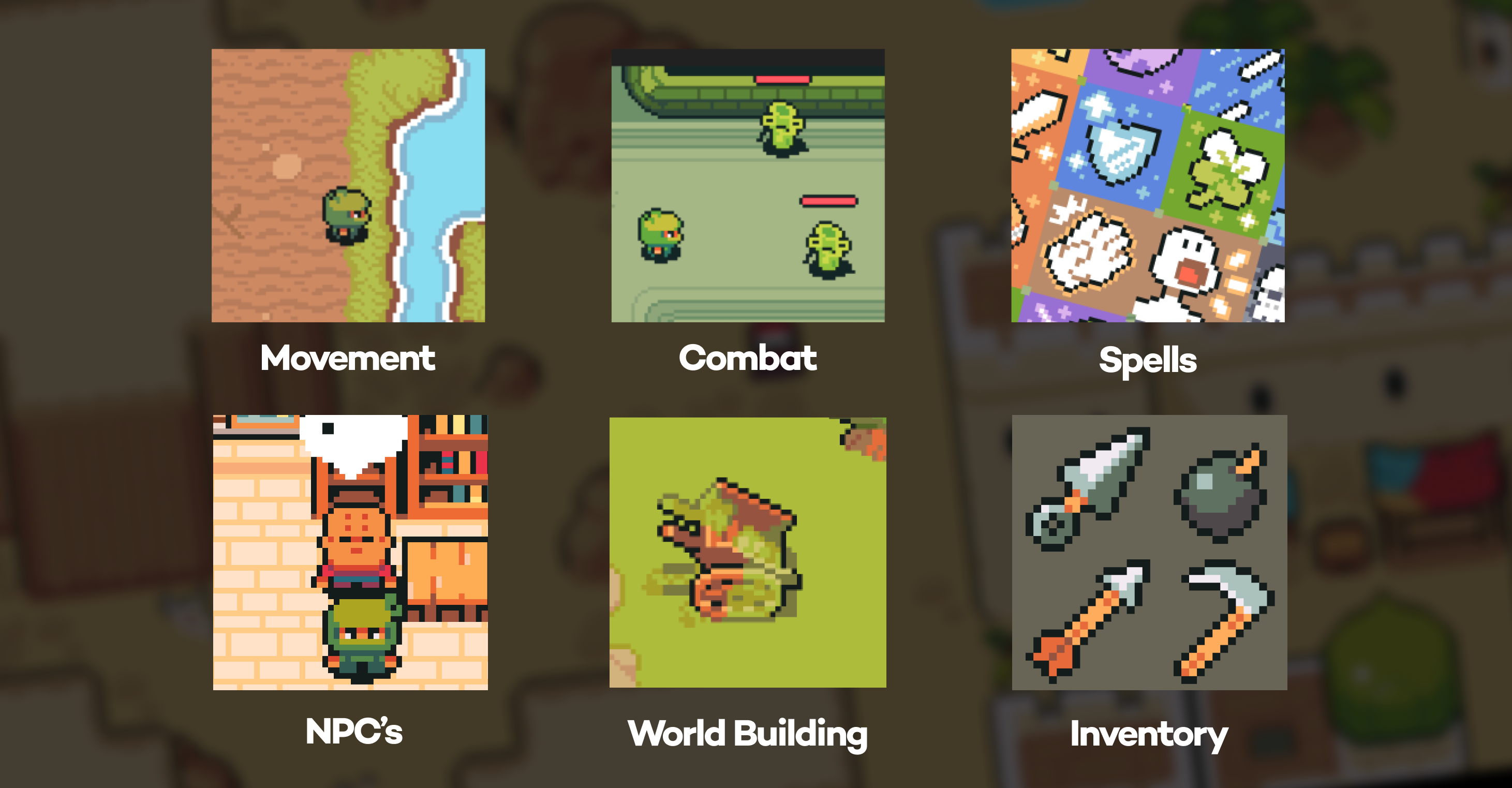 Movement, Combat, Spells, NPC-s, World building, Inventory