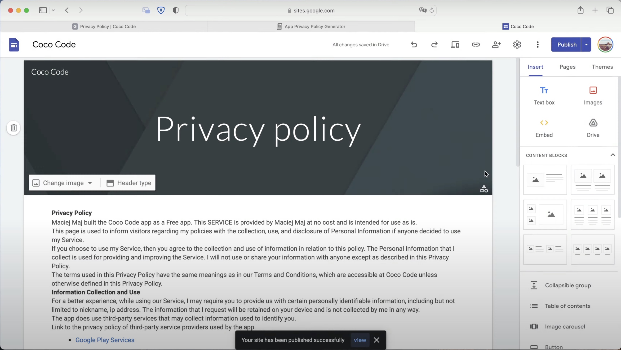 Google sites Privacy Policy